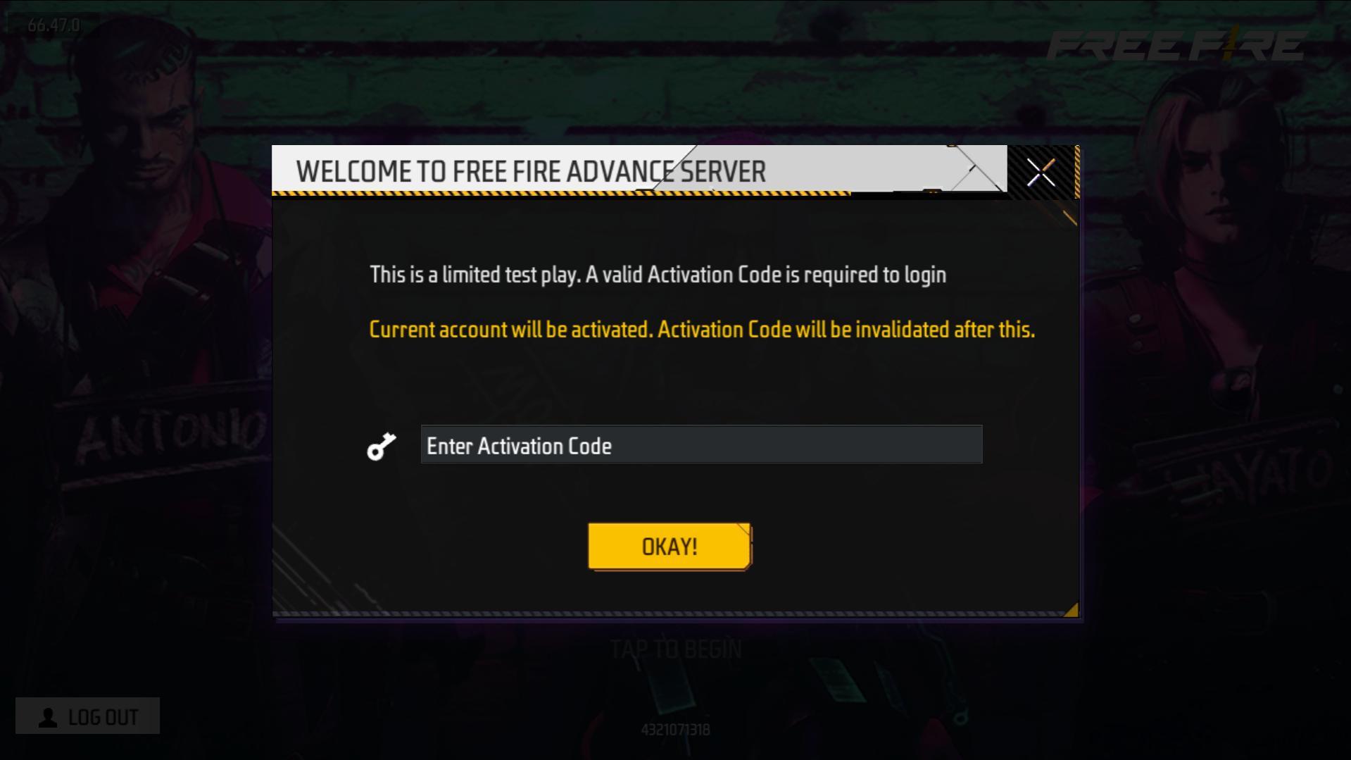 Free Fire Advance Server Activation Code Enter Interface