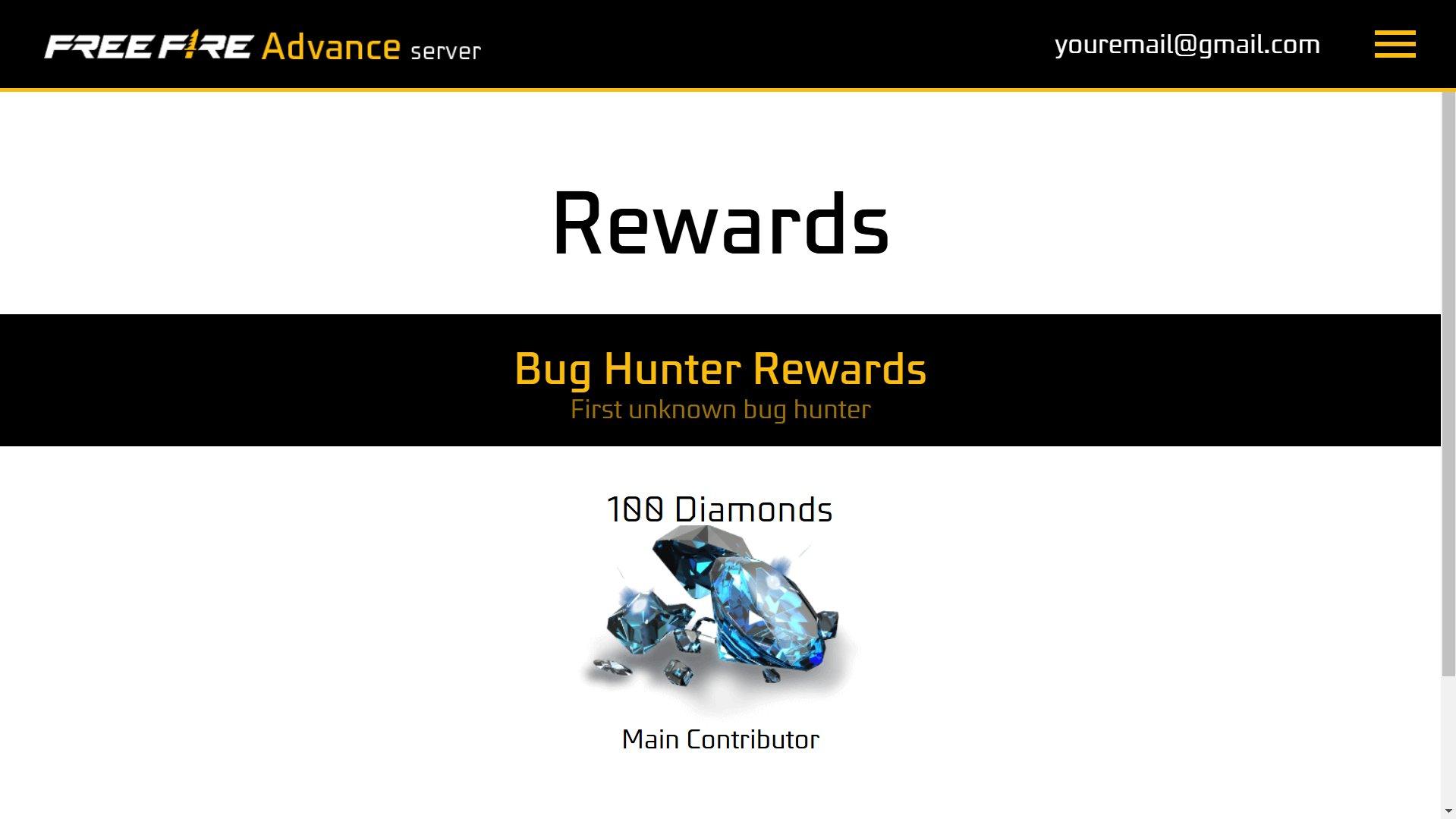 Free Fire Advance Server Bug Hunter Rewards